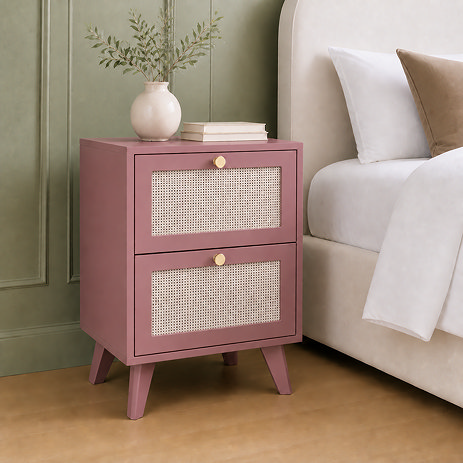 image of pink clay coloured 2 drawer bedside table fronted with rattan