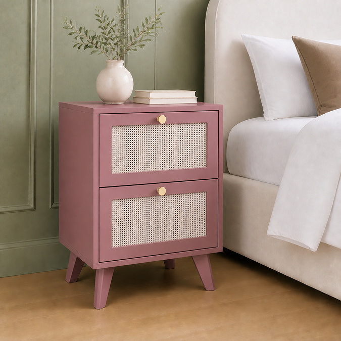 image of pink clay coloured 2 drawer bedside table fronted with rattan