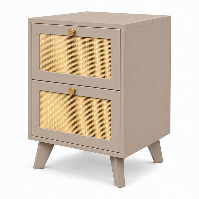 cut out image of taupe 2 drawer bedside table with rattan fronts