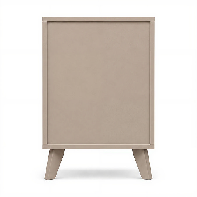 cut out back facing image of taupe 2 drawer bedside table with rattan front