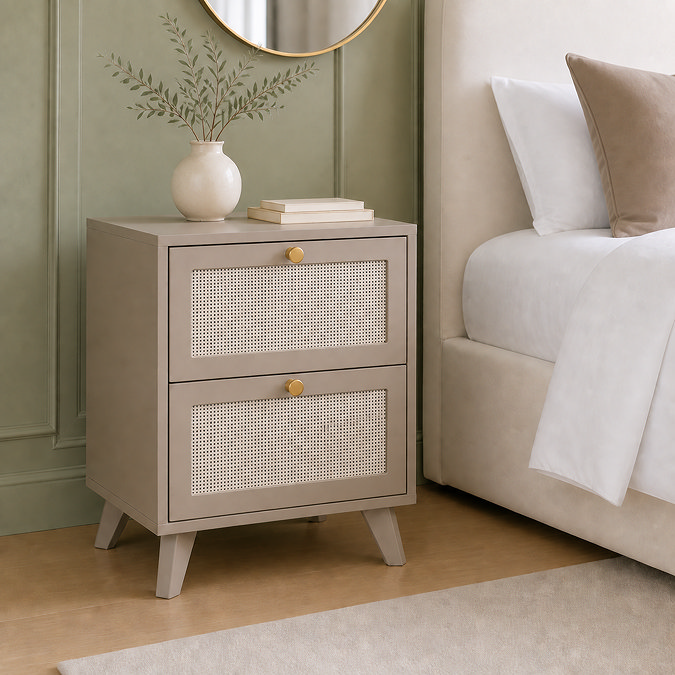 image of soft taupe coloured 2 drawer bedside table with rattan fronts