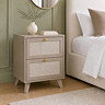 image of soft taupe coloured 2 drawer bedside table with rattan fronts