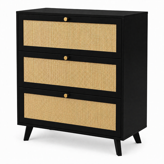 angled cut out image of 3 drawer black and rattan chest