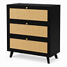 angled cut out image of 3 drawer black and rattan chest