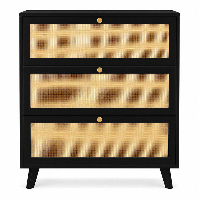 front on cut out image of three drawer chest in black with rattan fronts and small gold handles