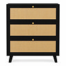 front on cut out image of three drawer chest in black with rattan fronts and small gold handles