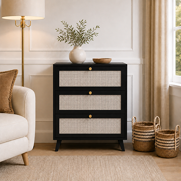 angled cut out image of 3 drawer black and rattan chest