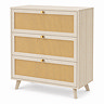 angled cut out of three drawer chest with rattan fronts and gold handles