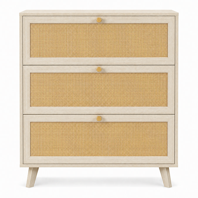 front on cut out image of natural coloured rattan fronted three drawer chest