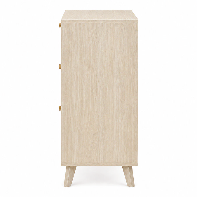 side on cut out image of natural three drawer chest with rattan fronts