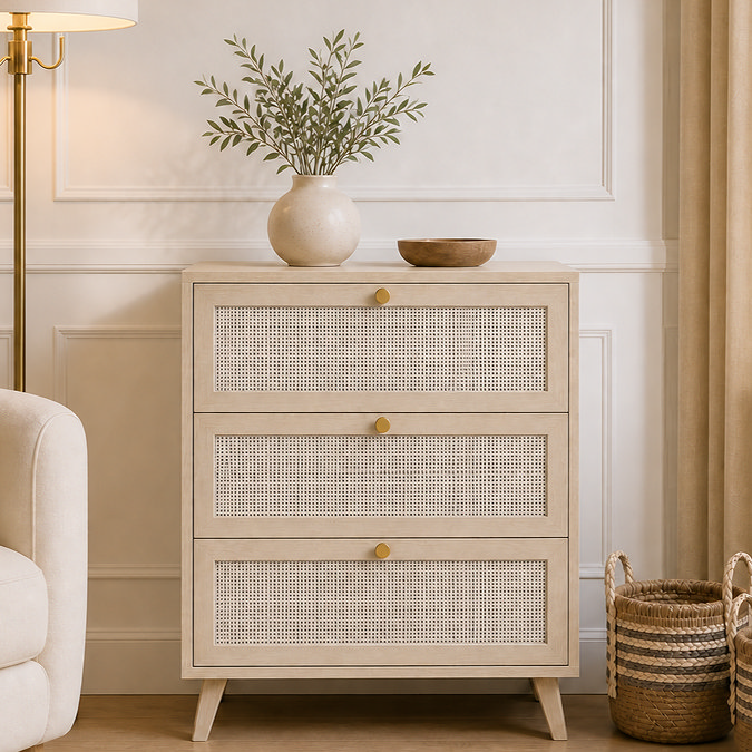 image of natural coloured rattan 3 drawer chest with gold handles