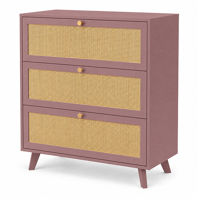 angled image of pink clay three drawer chest with rattan fronts