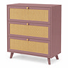 angled image of pink clay three drawer chest with rattan fronts