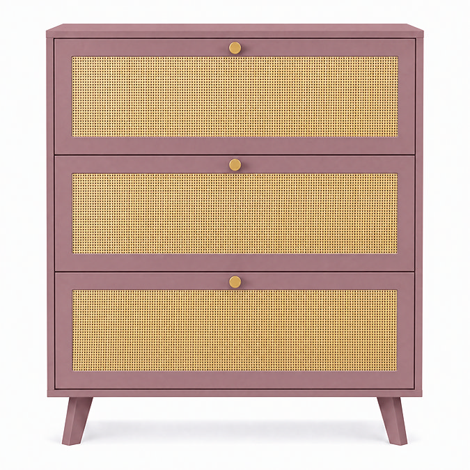 front on cut out image of pink clay coloured three drawer rattan chest