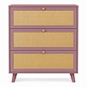 front on cut out image of pink clay coloured three drawer rattan chest