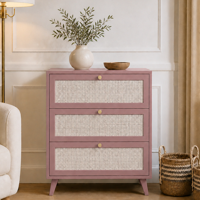 image of three drawer pink clay chest with rattan fronts