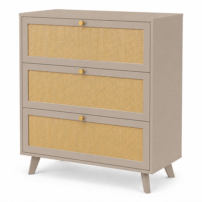 angled cut out image of three drawer chest in taupe with rattan front and gold handles