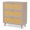 angled cut out image of three drawer chest in taupe with rattan front and gold handles