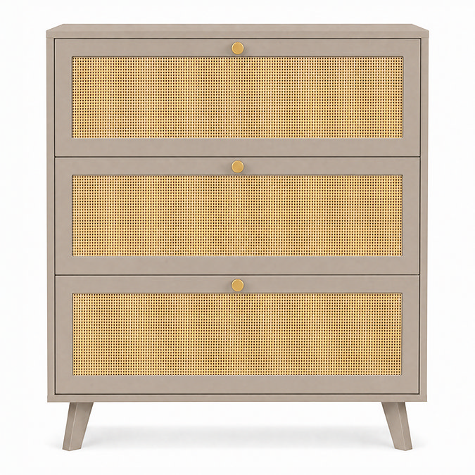 front on cut out image of three drawer chest with rattan