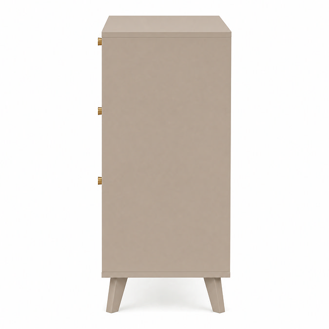 side on cut out image of taupe coloured three drawer chest