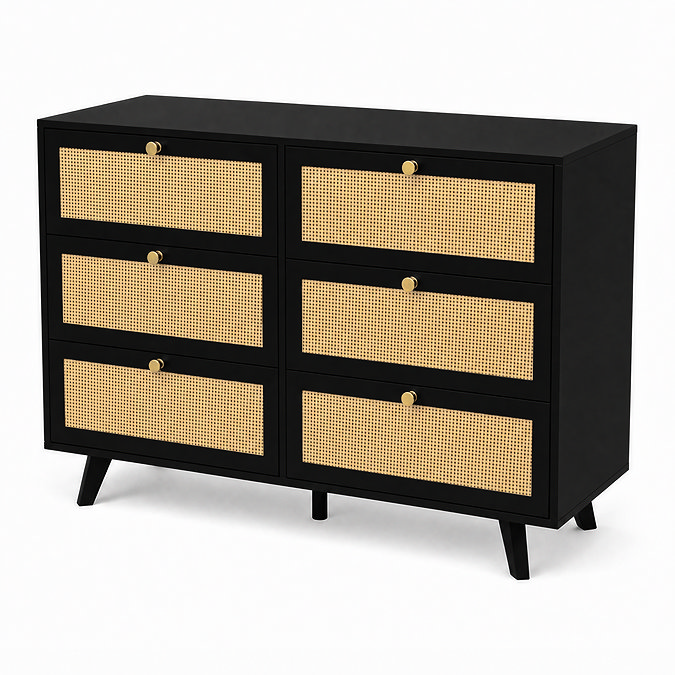 angled cut out image of black six drawer chest with rattan front and gold handles