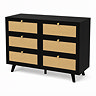 angled cut out image of black six drawer chest with rattan front and gold handles