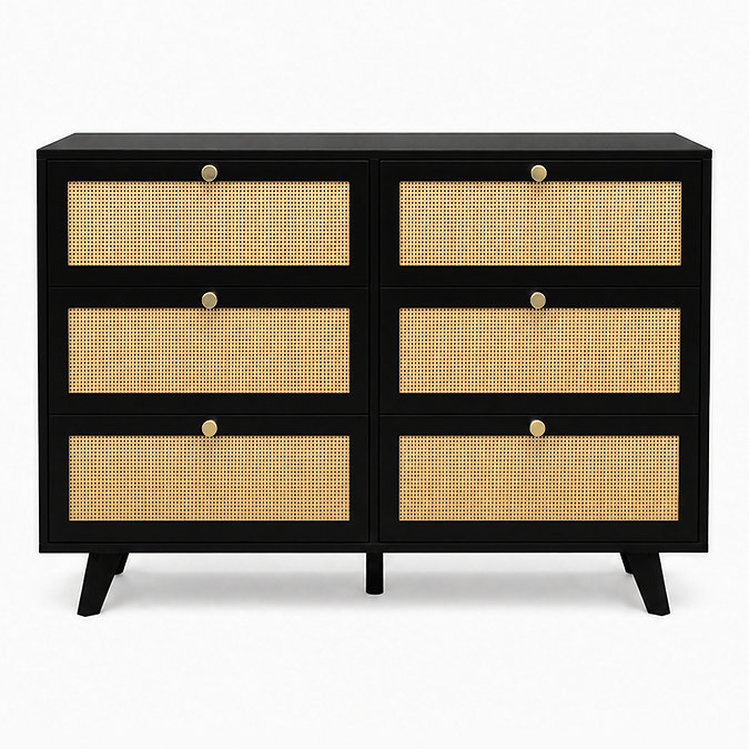 front on cut out image of six drawer chest with rattan fronts and gold handles