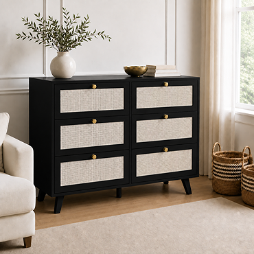 angled cut out image of black six drawer chest with rattan front and gold handles
