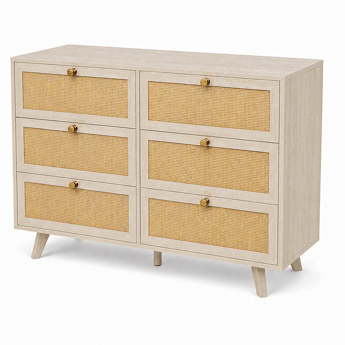 angled cut out image of natural rattan coloured six drawer chest
