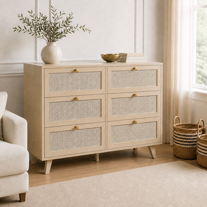 image of natural coloured rattan fronted six drawer chest on wooden flooring