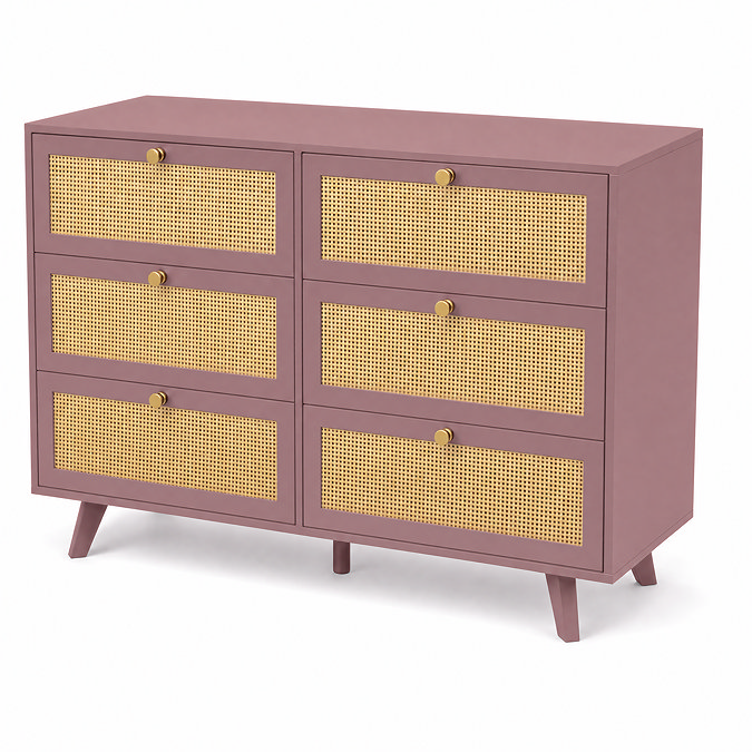 angled cut out image of pink clay coloured rattan fronted six drawer chest