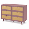 angled cut out image of pink clay coloured rattan fronted six drawer chest