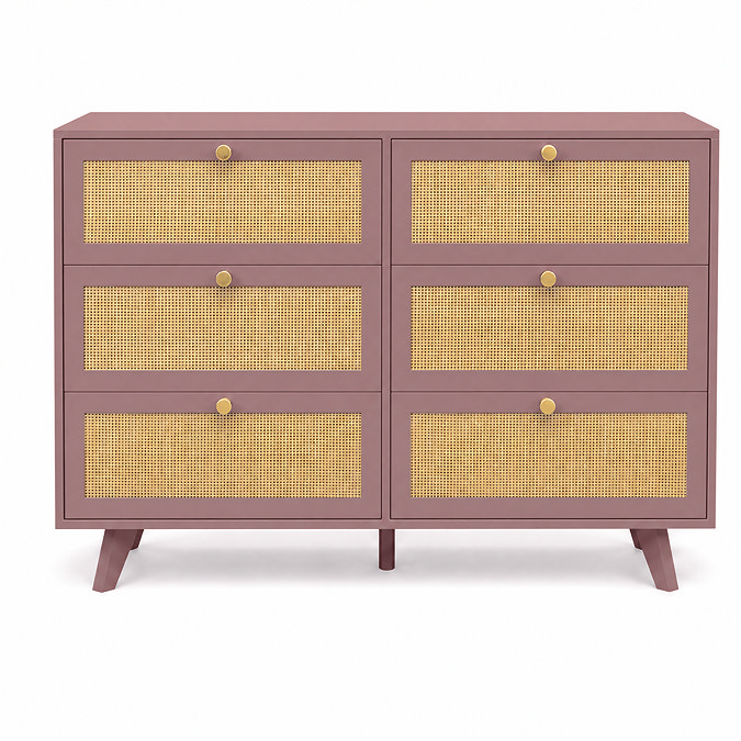 front on cut out image of pink clay rattan six drawer chest