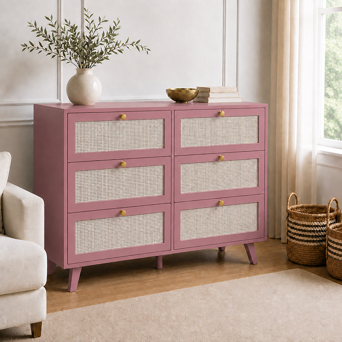 image of pink clay coloured rattan fronted six drawer chest with small gold handles