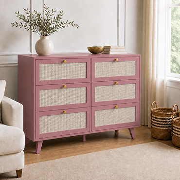 angled cut out image of pink clay coloured rattan fronted six drawer chest