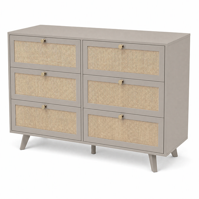 angled image of taupe six drawer chest with rattan front