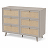 angled image of taupe six drawer chest with rattan front