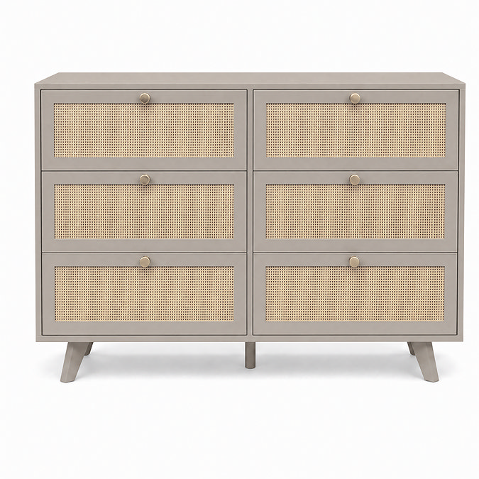front on cut out image of taupe six drawer chest