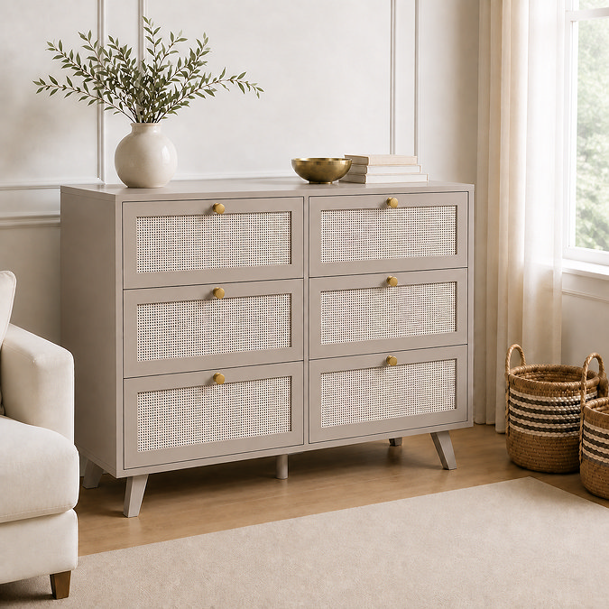 image of soft taupe six drawer chest with rattan front, on wooden flooring of living room