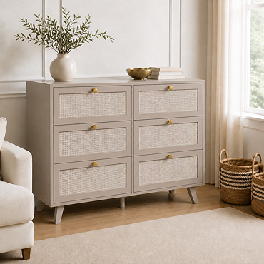 angled image of taupe six drawer chest with rattan front