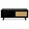 front on cut out image of black coffee table with rattan drawer