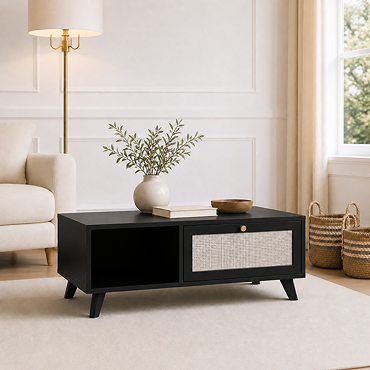 cut out angled image of black coffee table with rattan drawer