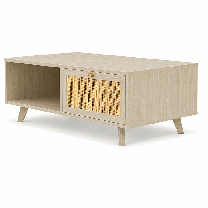 angled cut out image of natural coffee table with rattan right drawer