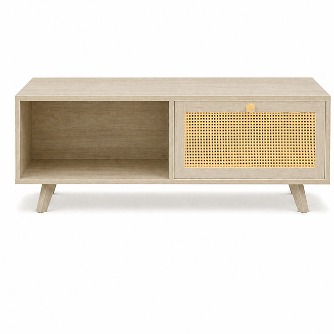 front on cut out image of natural coffee table with rattan drawer