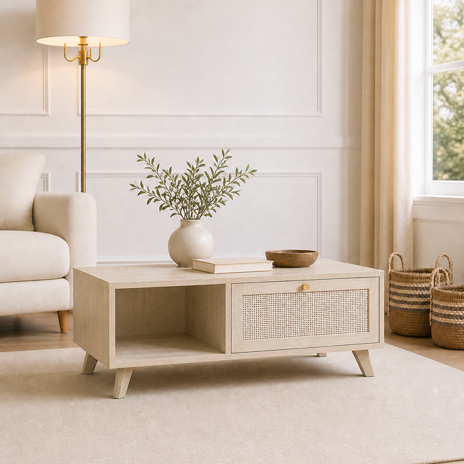 image of willow coffee table in a natural finish with rattan drawer