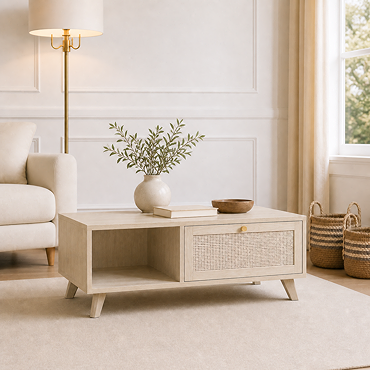 angled cut out image of natural coffee table with rattan right drawer