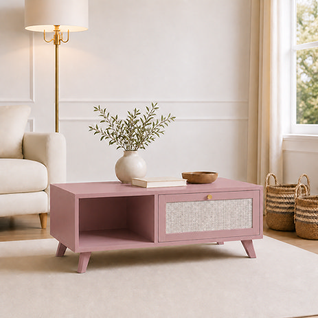 image of pink clay coffee table with rattan right hand drawer