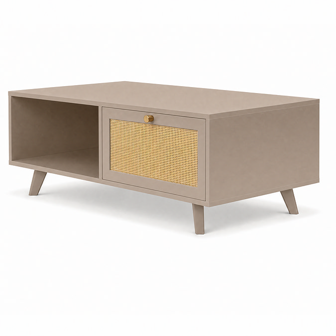 angled cut out image of taupe coffee table with rattan drawer