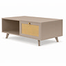 angled cut out image of taupe coffee table with rattan drawer