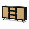 image of black rattan two door and 3 drawer sideboard with small gold handles